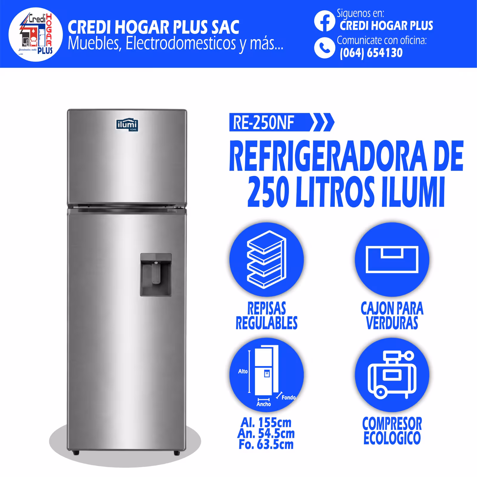 REFRIGERADORA NO FROST DE 250 LITROS