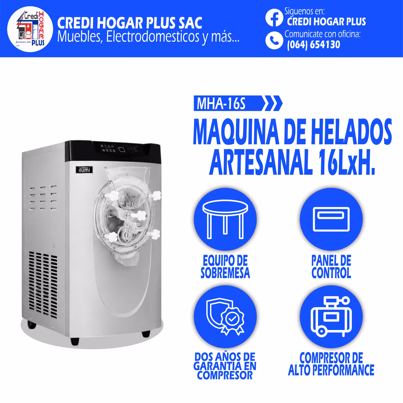 MAQUINA DE HELADOS ARTESANAL DE SOBREMESA 16 LITROS POR HORA ILUMI