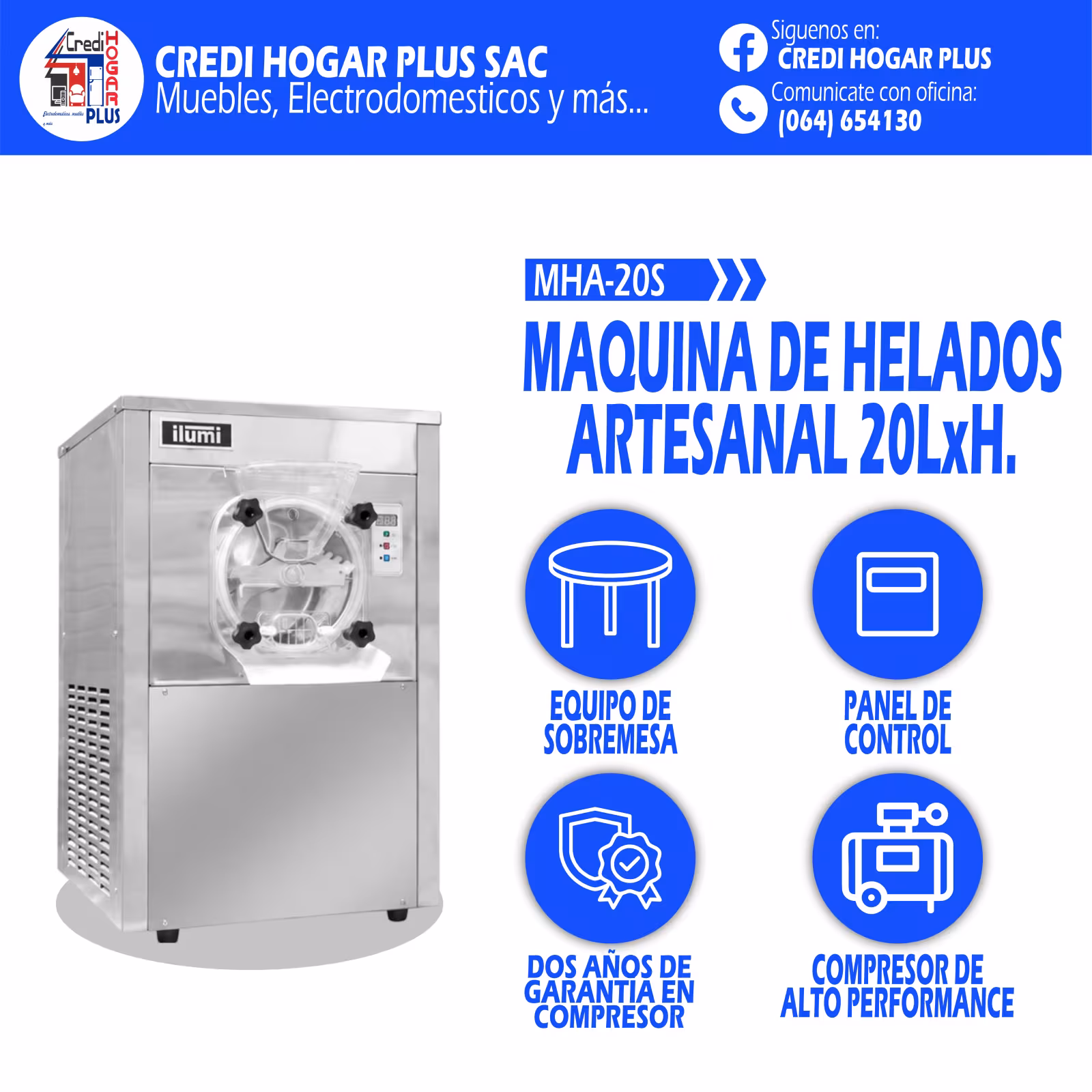 MAQUINA DE HELADOS ARTESANAL DE SOBREMESA 20 LITROS POR HORA ILUMI