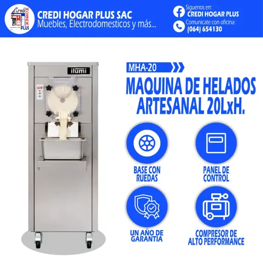 MAQUINA DE HELADOS ARTESANAL 20 LITROS POR HORA ILUMI