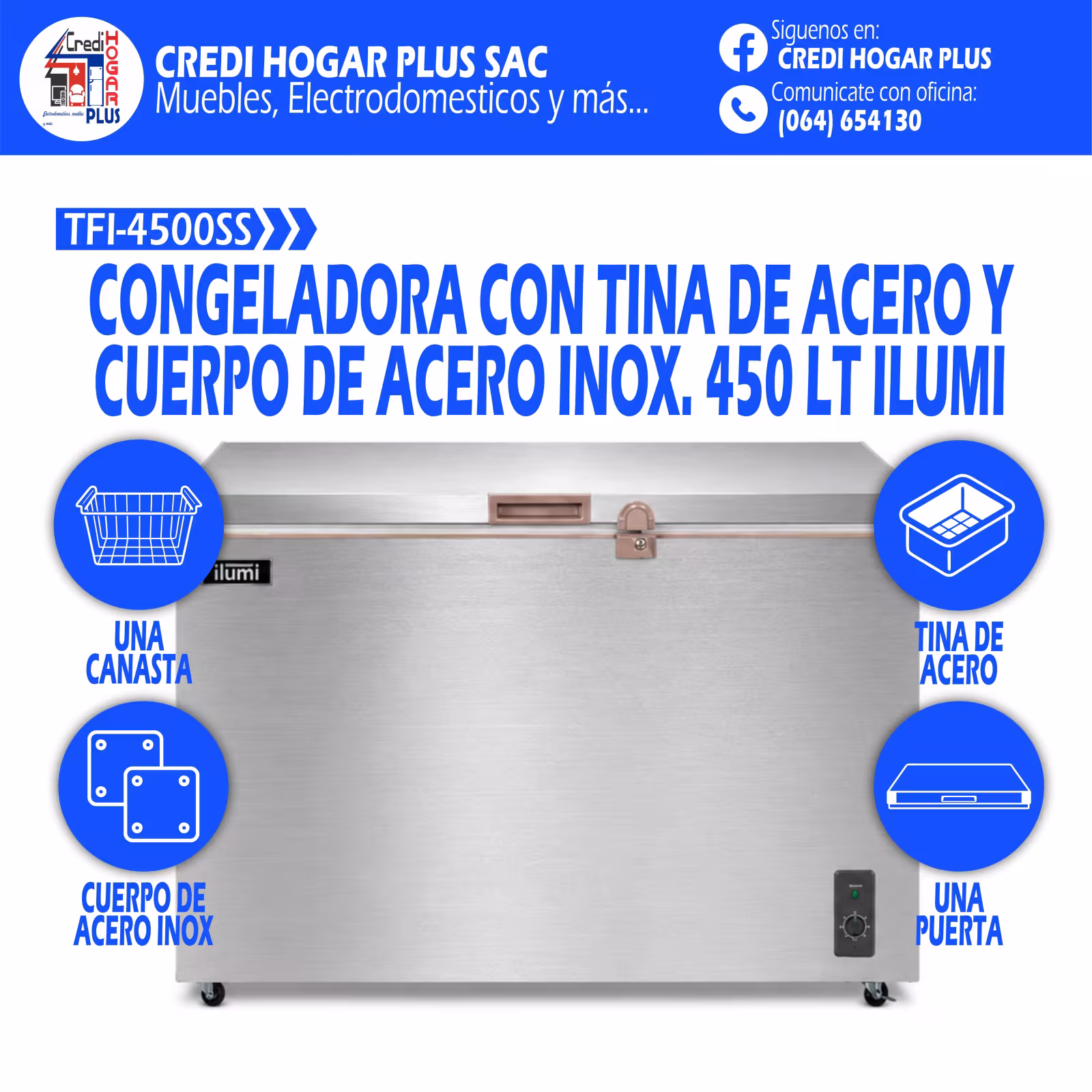 CONGELADORA CUERPO DE ACERO DE 450 LITROS ILUMI