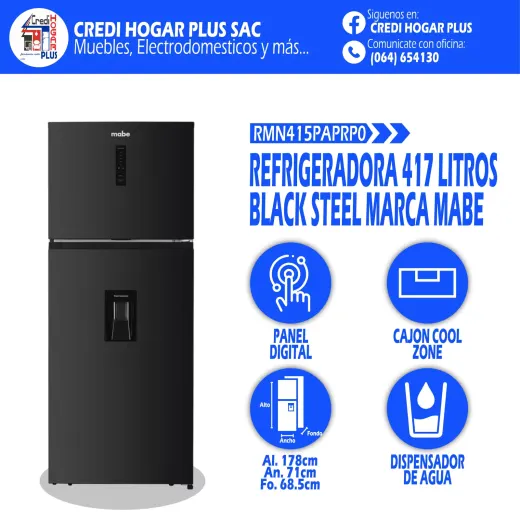 REFRIGERADORA NO FROST 417L BLACK STEEL MABE