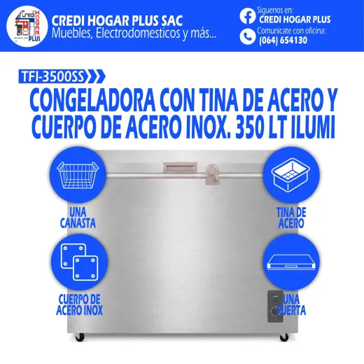 CONGELADORA CUERPO DE ACERO DE 350 LITROS ILUMI