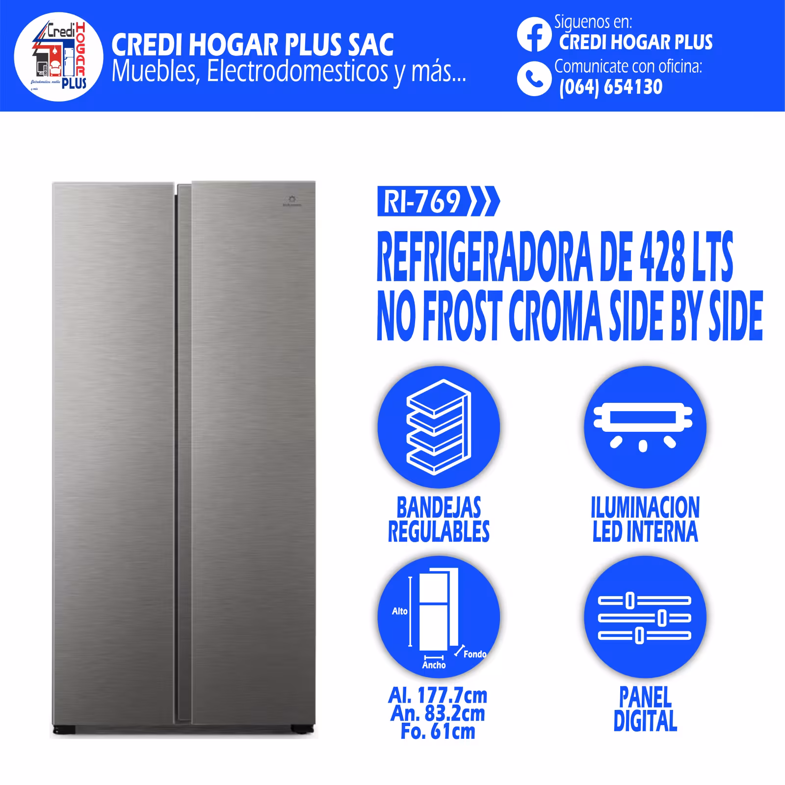 REFRIGERADORA DE 428 LITROS CROMA SIDE BY SIDE INDURAMA