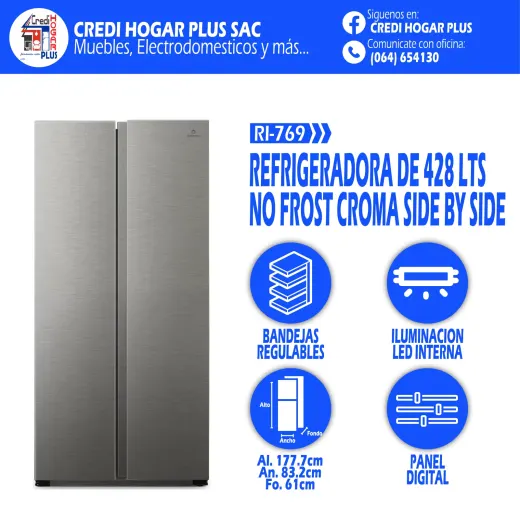 REFRIGERADORA DE 428 LITROS CROMA SIDE BY SIDE INDURAMA