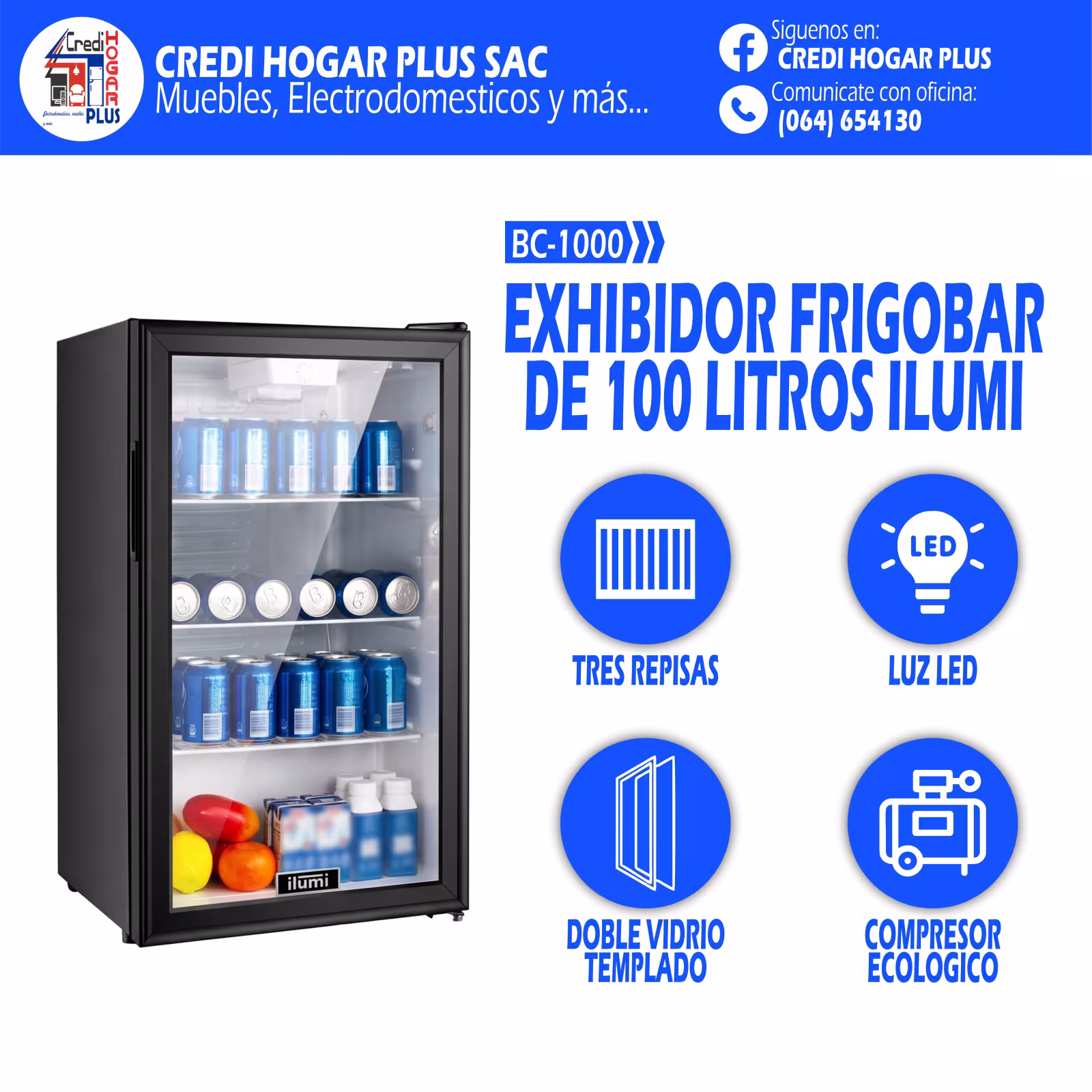 EXHIBIDOR FRIGOBAR ESTATICO DE 100 LITROS ILUMI